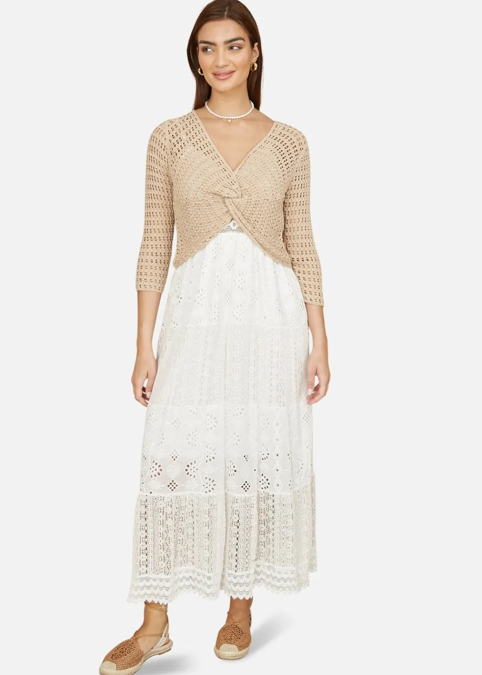 Tops>Yumi Beige Cotton Crochet Knitted Top