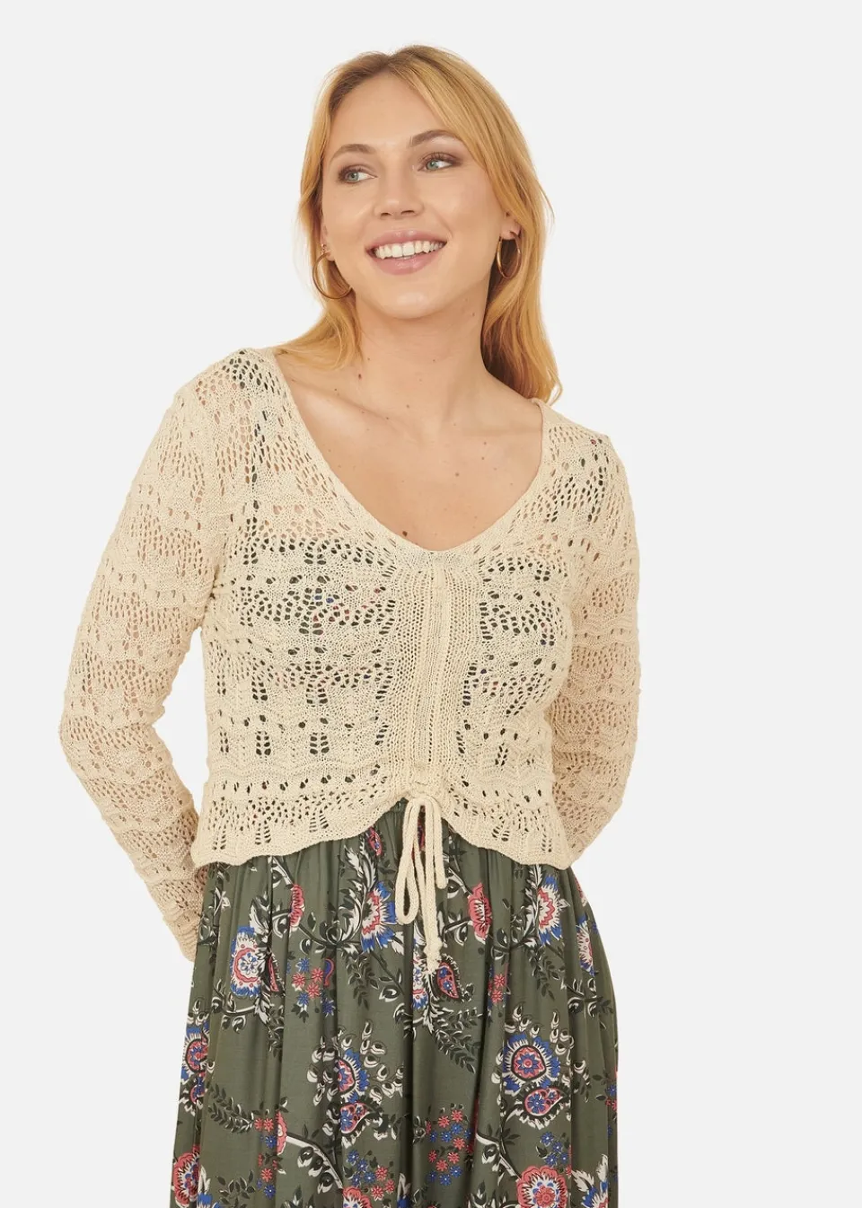 Tops>Yumi Beige Crochet Top With Front Ruching