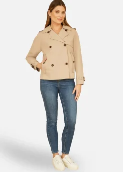 Coats & Jackets>Yumi Beige Cropped Trench Jacket With Pockets & Check Lining