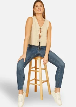 Tops>Yumi Beige Knitted Tie Detail Knitted Waistcoat