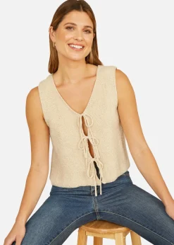 Tops>Yumi Beige Knitted Tie Detail Knitted Waistcoat