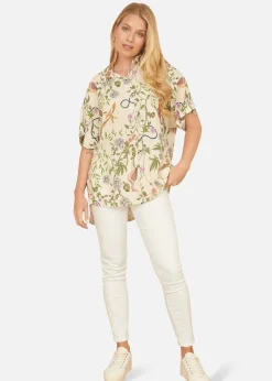 Tops>Yumi Beige Relaxed Fit Shirt With Botanical Print