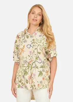 Tops>Yumi Beige Relaxed Fit Shirt With Botanical Print