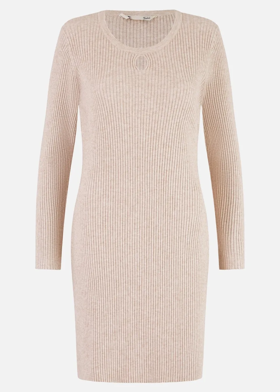 Dresses>Yumi Beige Rib Knit Tunic Dress With Button Cuffs & Cut Out Detail