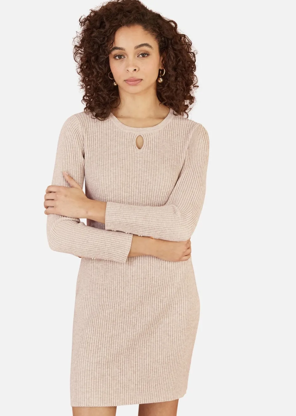 Dresses>Yumi Beige Rib Knit Tunic Dress With Button Cuffs & Cut Out Detail