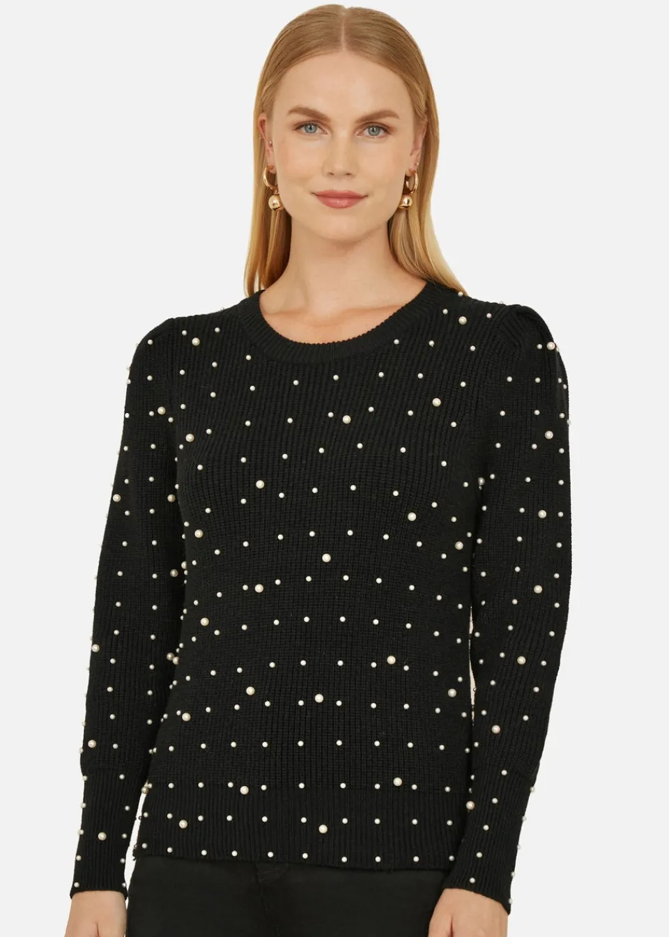 Knitwear>Yumi Black All Over Pearl Knitted Jumper