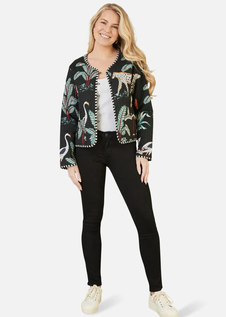 Coats & Jackets>Yumi Black Animal Print Reversible Cotton Cropped Quilted Jacket