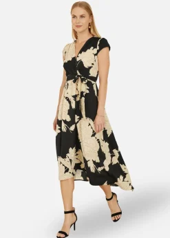 Dresses>Yumi Black Blossom Print Wrap Midi With Dipped Hem