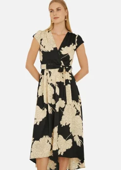 Dresses>Yumi Black Blossom Print Wrap Midi With Dipped Hem