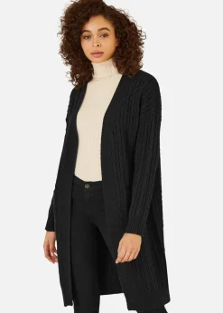Tops>Yumi Black Cable Knit Edge to Edge Long Cardigan With Pockets