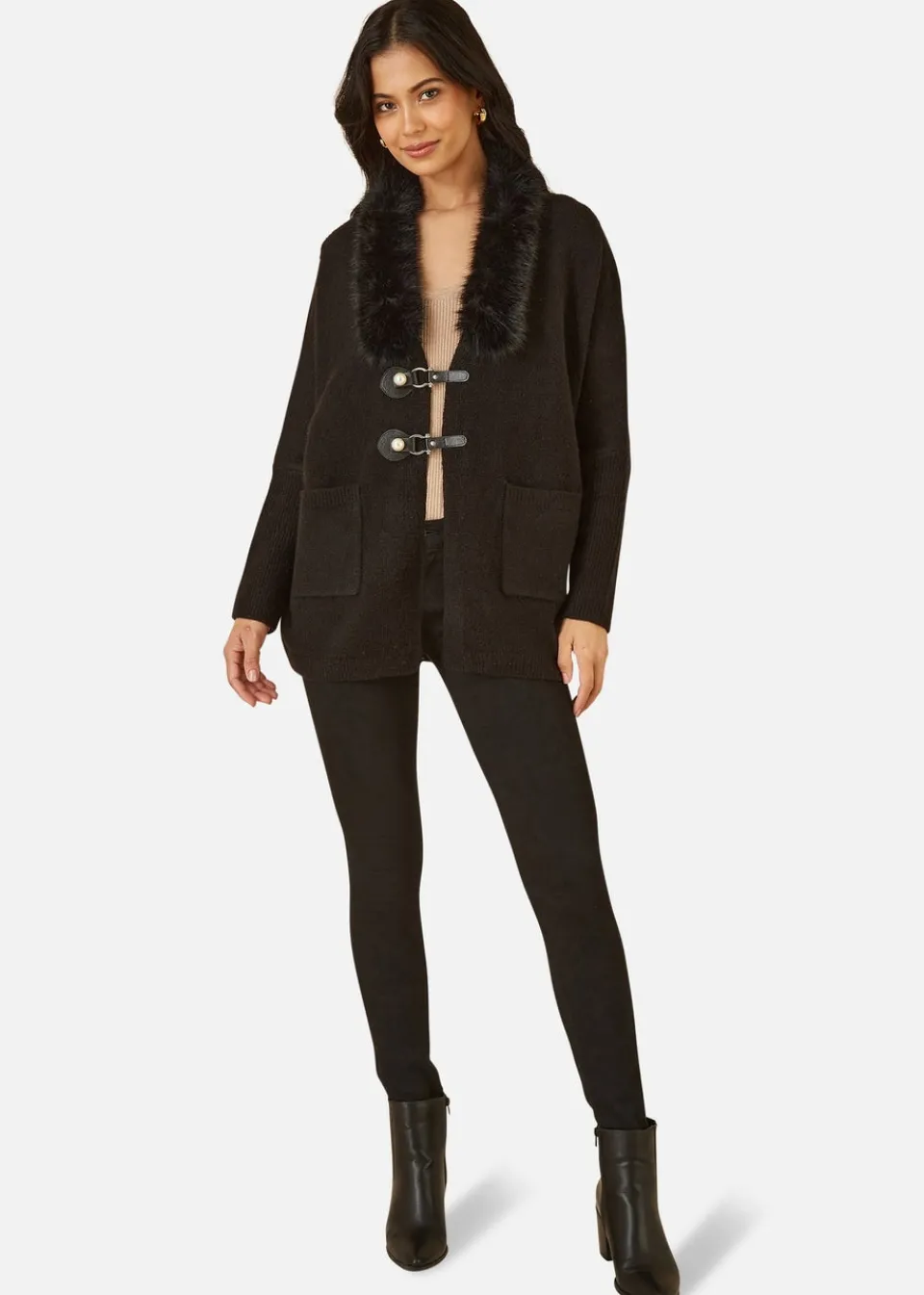 Tops>Yumi Black Cardigan With Detachable Fur Collar Trim