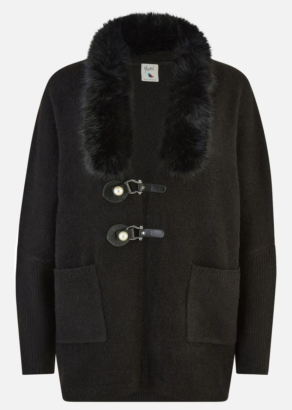 Tops>Yumi Black Cardigan With Detachable Fur Collar Trim