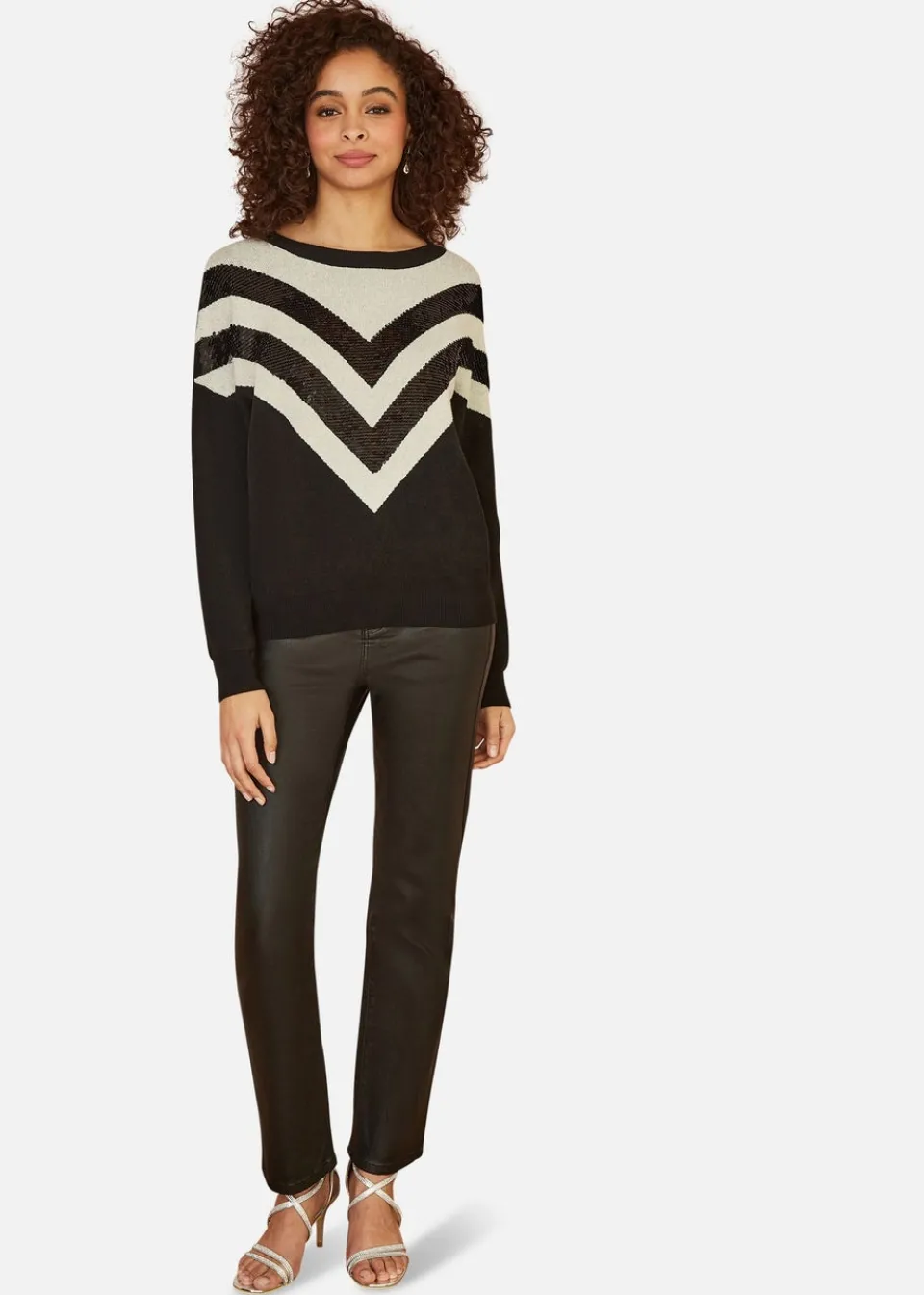Tops>Yumi Black Chevron Knitted Relaxed Jumper With Sequins