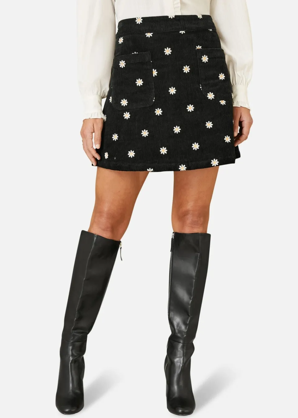 Skirts>Yumi Black Corduroy Embroidered Daisy Mini Skirt