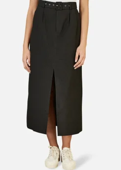 Skirts>Yumi Black Cotton Midi Skirt With Belt And Split Hem