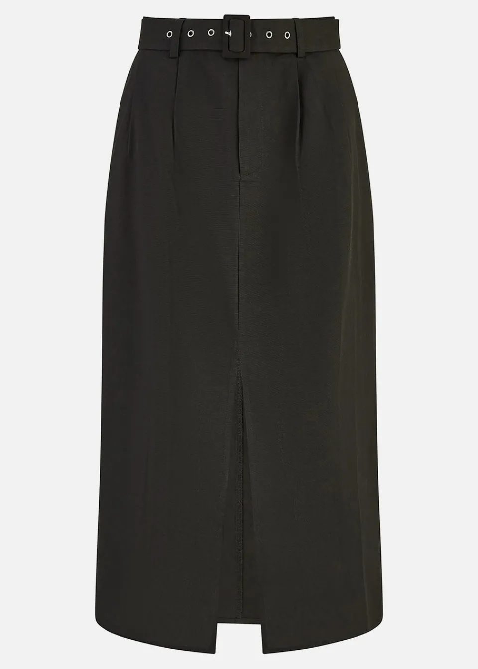 Skirts>Yumi Black Cotton Midi Skirt With Belt And Split Hem