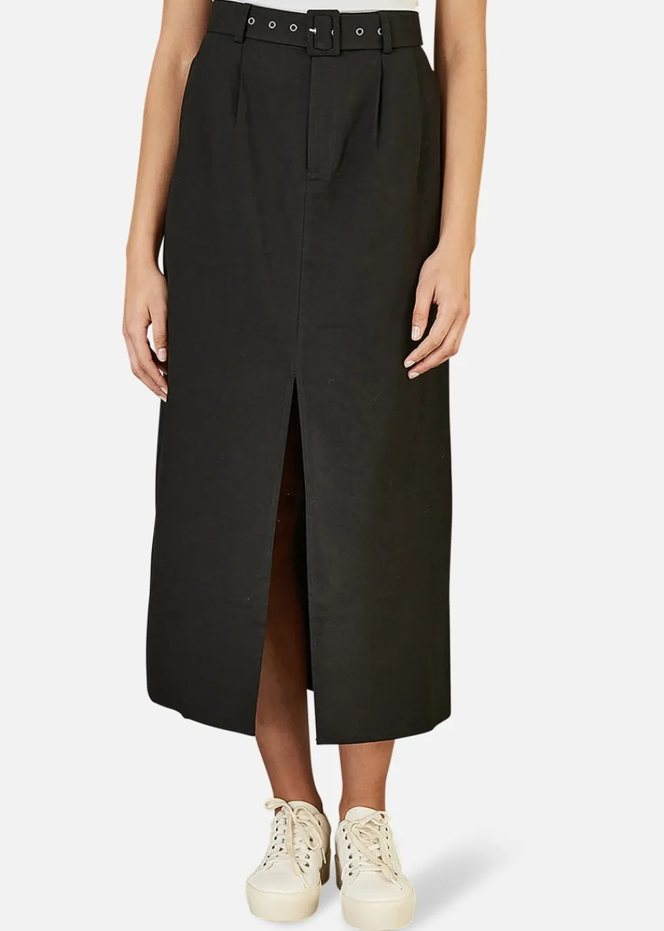 Skirts>Yumi Black Cotton Midi Skirt With Belt And Split Hem
