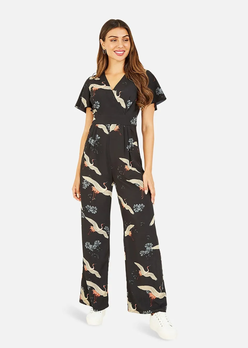 Jumpsuits & Playsuits>Yumi Black Crane Print Angel Sleeve Jumpsuit