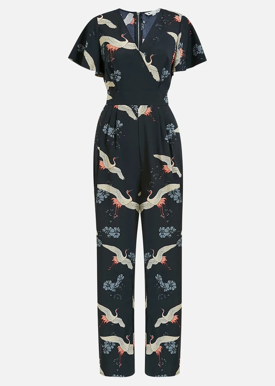 Jumpsuits & Playsuits>Yumi Black Crane Print Angel Sleeve Jumpsuit