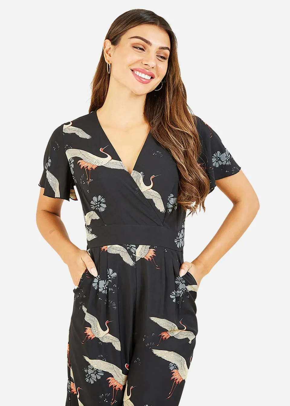 Jumpsuits & Playsuits>Yumi Black Crane Print Angel Sleeve Jumpsuit