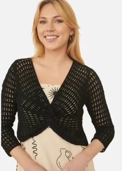 Tops>Yumi Black Crochet Cotton Twisted Bolero Top