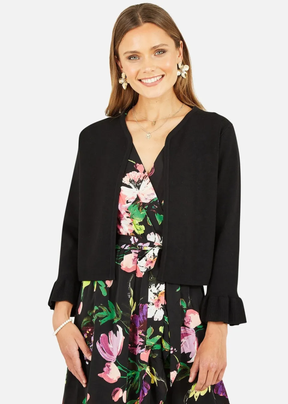 Knitwear>Yumi Black Cropped Cardigan With Bell Sleeves