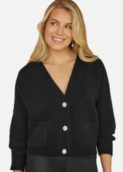 Tops>Yumi Black Daisy Button Knitted Relaxed Fit Cardigan