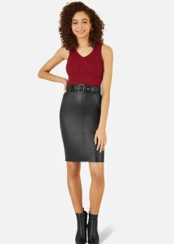 Skirts>Yumi Black Faux Leather Midi Pencil Skirt With Matching Belt