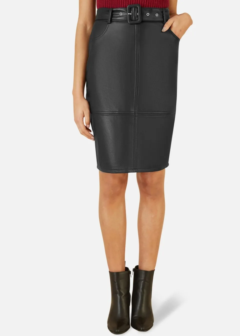 Skirts>Yumi Black Faux Leather Midi Pencil Skirt With Matching Belt
