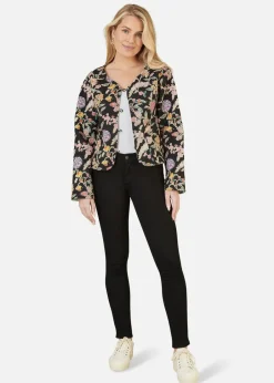 Coats & Jackets>Yumi Black Floral Print Reversible Cotton Cropped Quilted Jacket