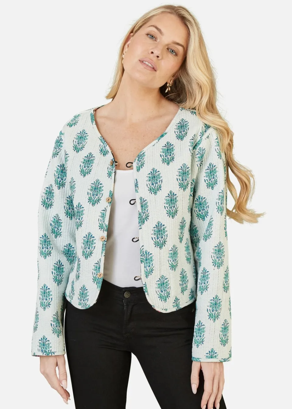 Coats & Jackets>Yumi Black Floral Print Reversible Cotton Cropped Quilted Jacket