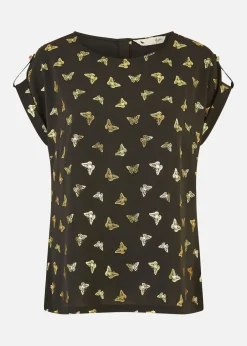 Tops>Yumi Black Foil Butterfly Print Top