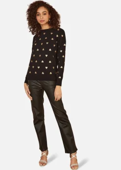 Tops>Yumi Black Gold Foil Heart Print Relaxed Fit Jumper