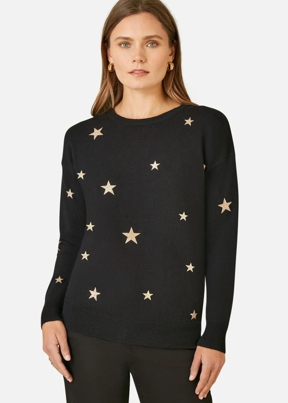 Tops>Yumi Black Gold Foil Star Print Relaxed Fit Jumper