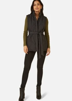 Coats & Jackets>Yumi Black High Neck Quilted Gilet With Belt