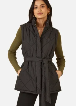 Coats & Jackets>Yumi Black High Neck Quilted Gilet With Belt