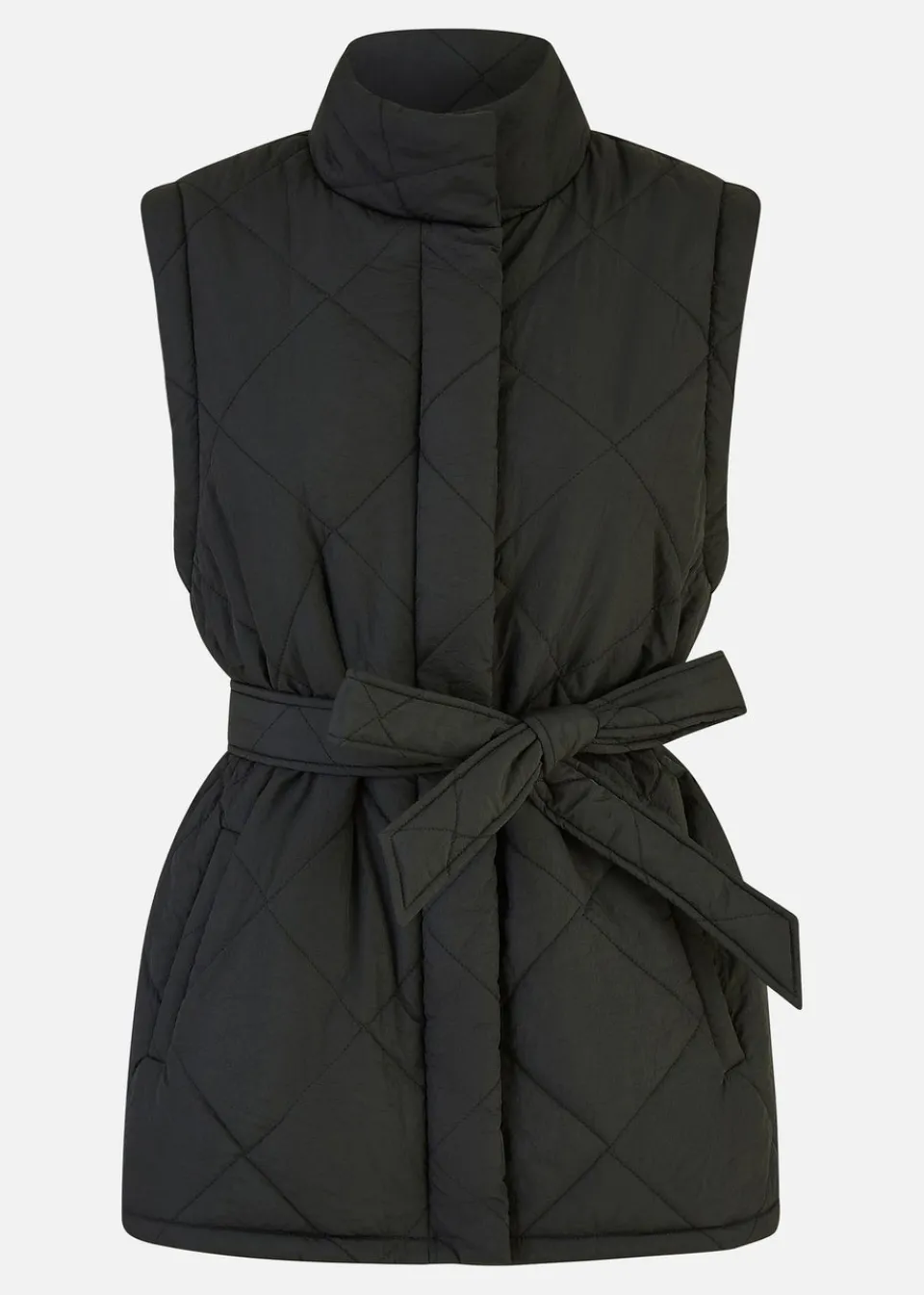 Coats & Jackets>Yumi Black High Neck Quilted Gilet With Belt