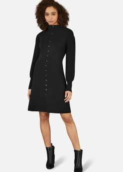 Knitwear>Yumi Black Knitted Button Up Midi Dress With Balloon Sleeves