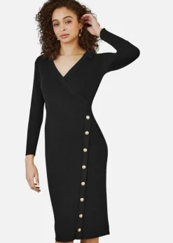 Knitwear>Yumi Knitted Midi Dress With Asymmetric Button Details Black