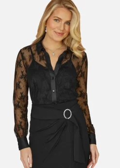Tops>Yumi Black Lace Sheer Fitted Shirt
