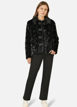 Coats & Jackets>Yumi Black Luxe Textured Faux Fur Jacket With Pockets
