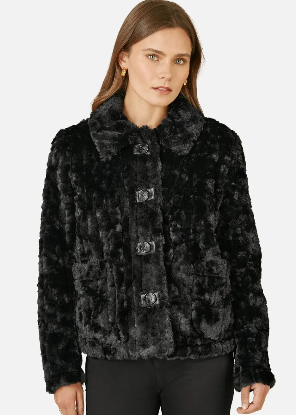 Coats & Jackets>Yumi Black Luxe Textured Faux Fur Jacket With Pockets