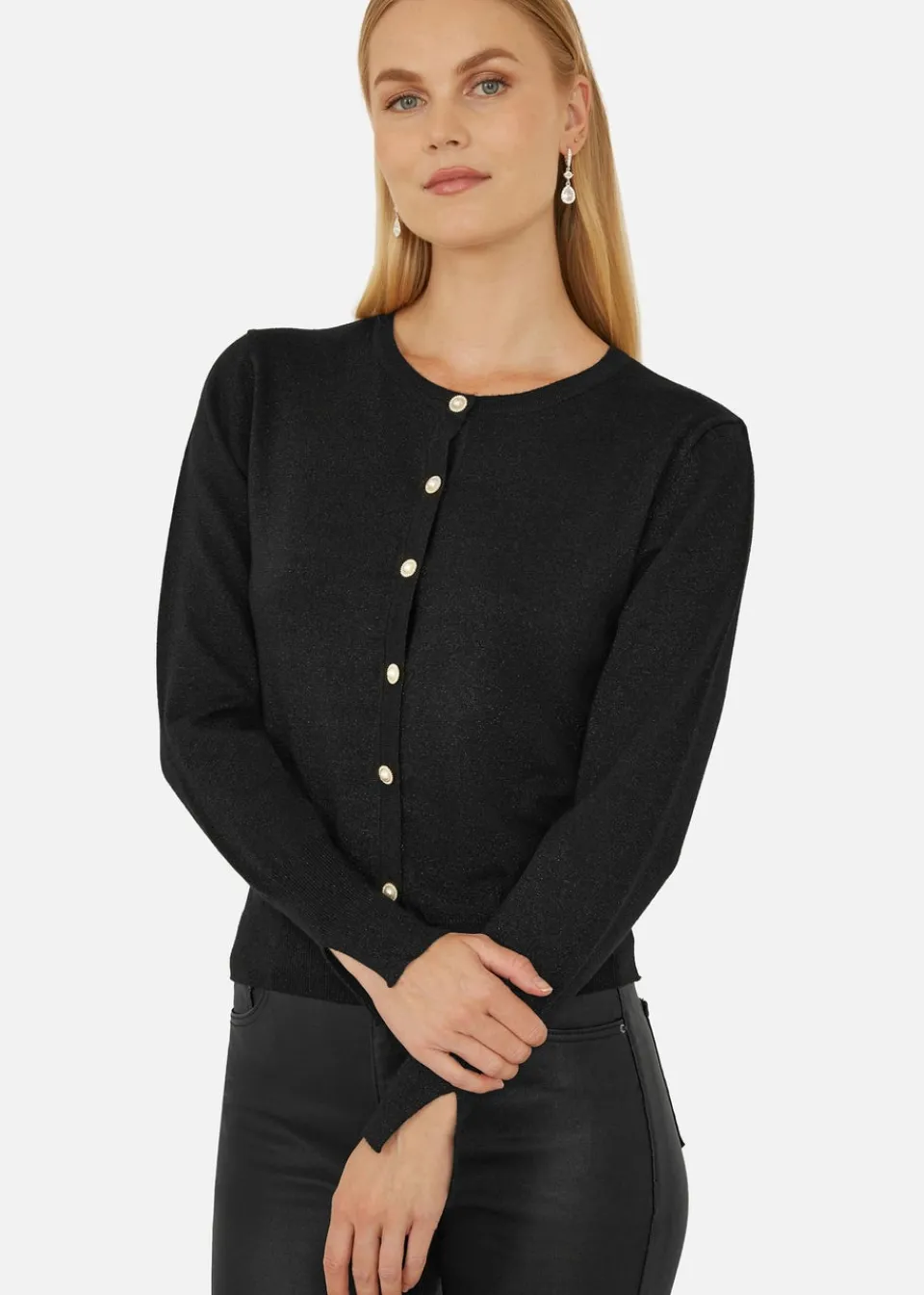 Knitwear>Yumi Black Metallic Knit Cardigan With Pearl Button Details