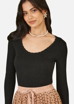 Knitwear>Yumi Black Metallic Knitted Ribbed Top