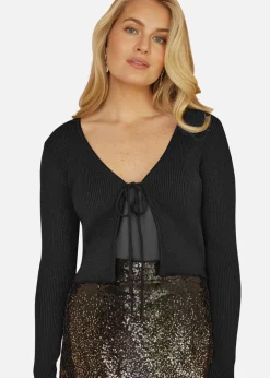 Tops>Yumi Black Metallic Knitted Ribbed Tie Front Bolero