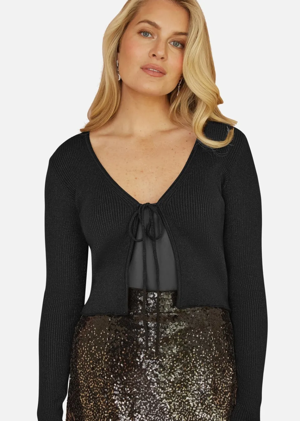Tops>Yumi Black Metallic Knitted Ribbed Tie Front Bolero