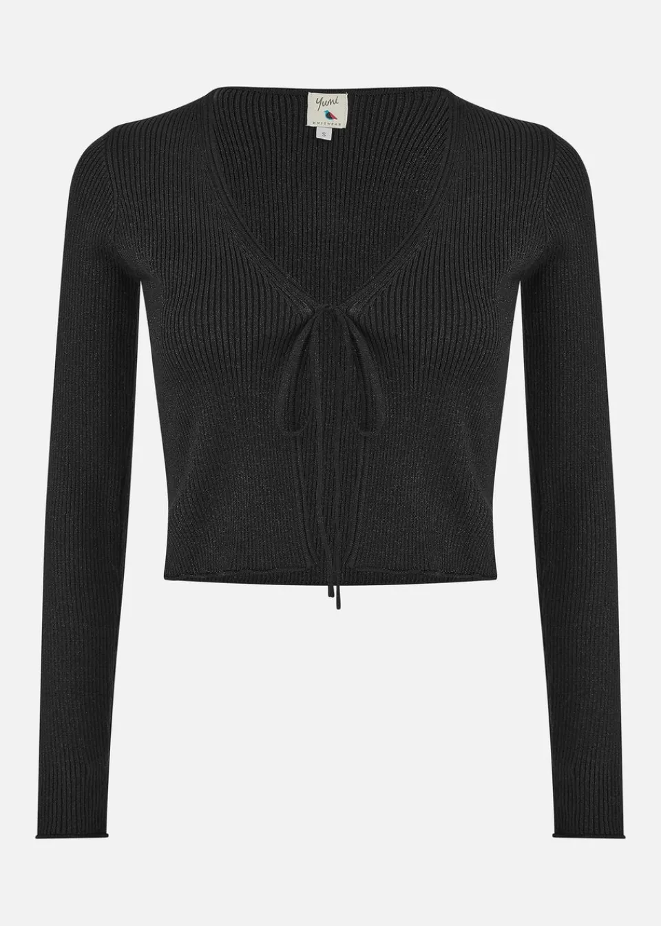Tops>Yumi Black Metallic Knitted Ribbed Tie Front Bolero