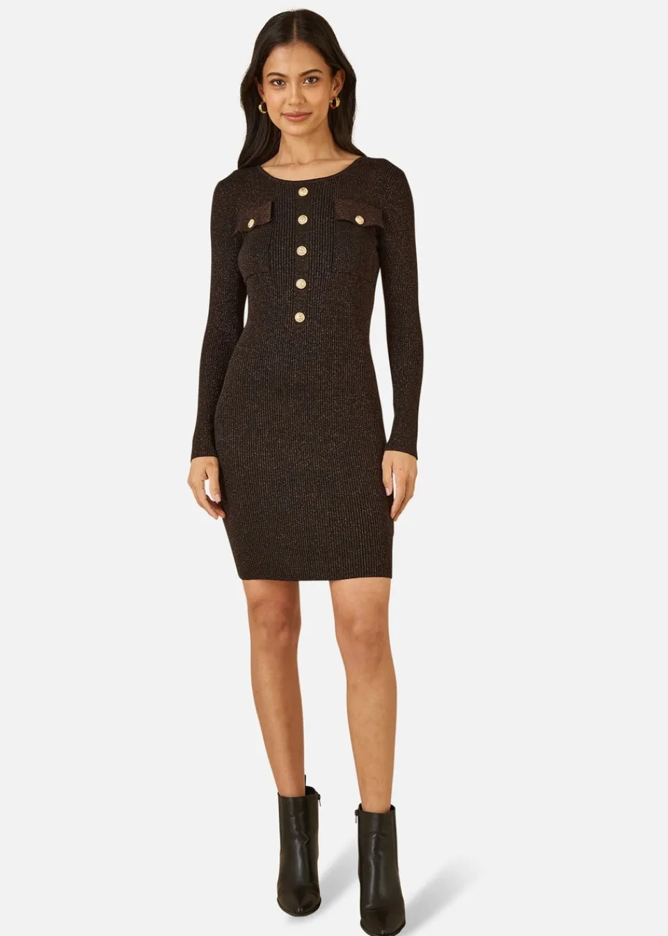 Knitwear>Yumi Black Metallic Military Fitted Knitted Dress
