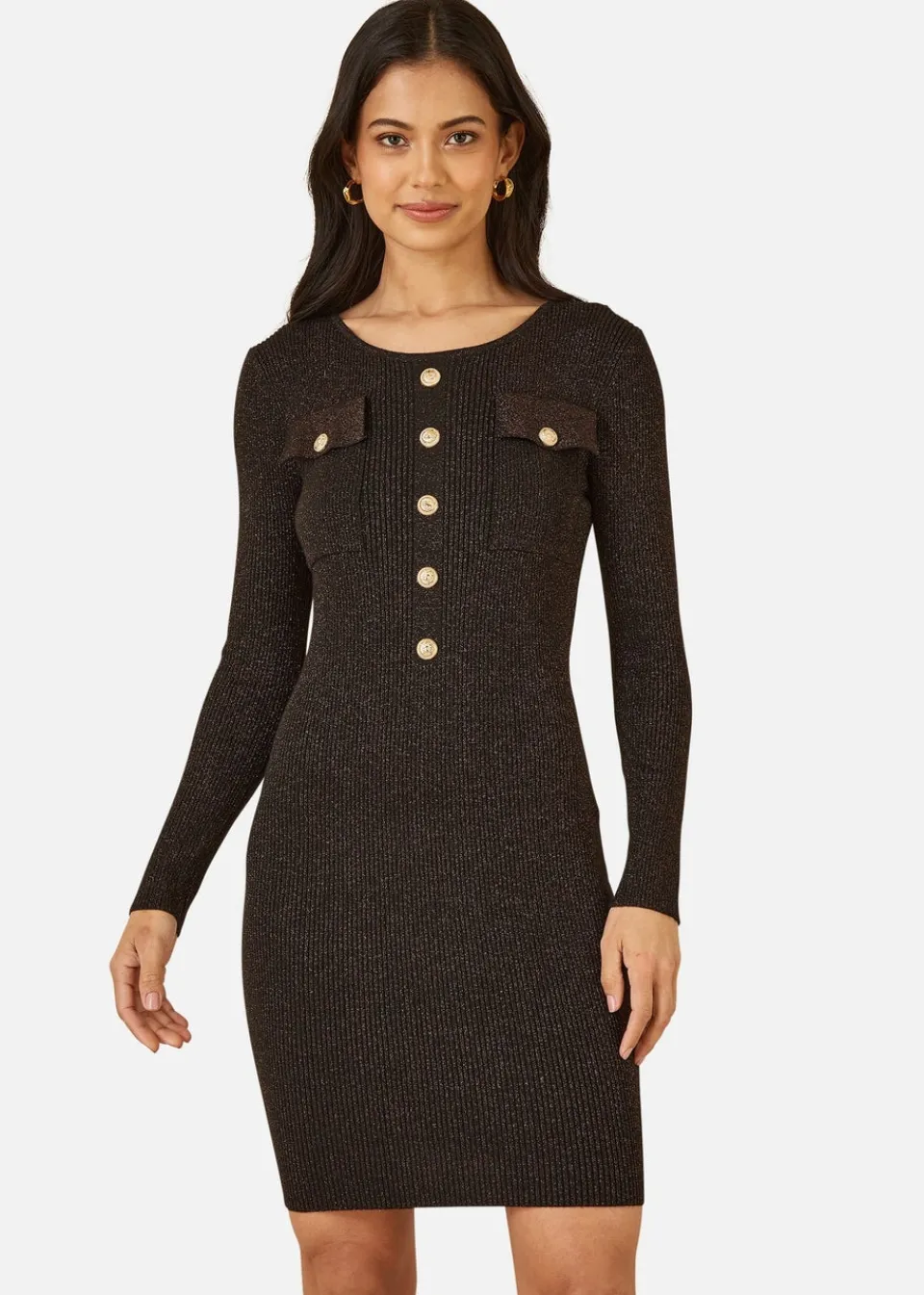 Knitwear>Yumi Black Metallic Military Fitted Knitted Dress