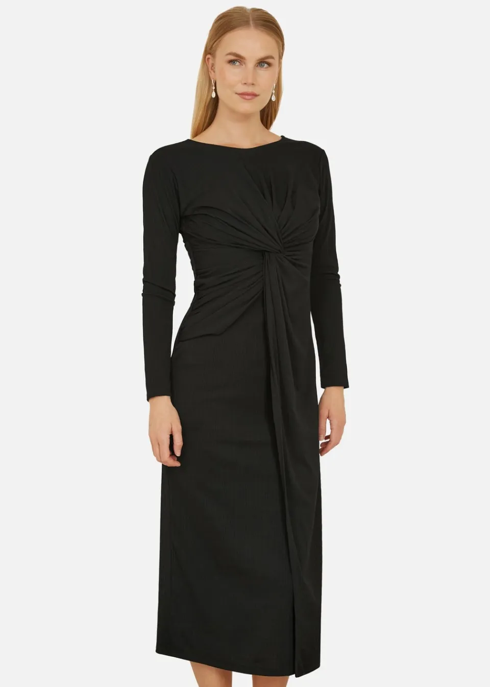 Dresses>Yumi Black Midi Fitted Stretch Dress With Knot Detail